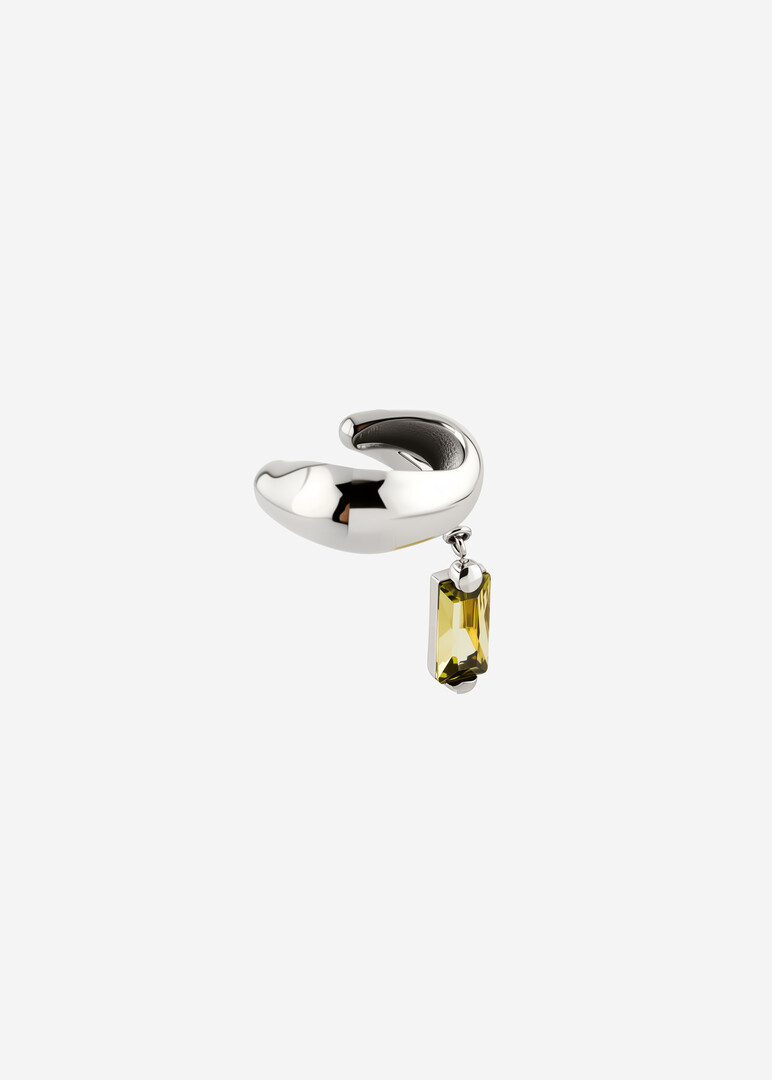 silver cuff with green cubic zirconia for the left ear