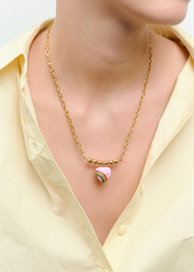 Золотистое колье Chain with Pink Heart Pendant