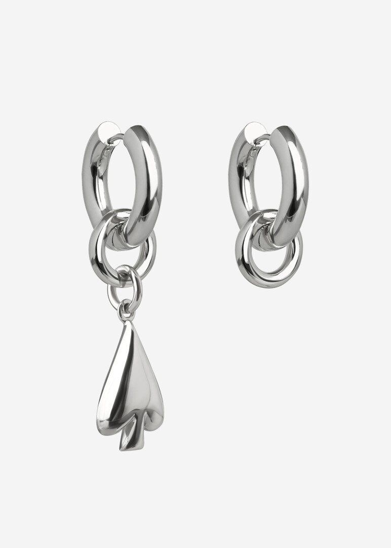 Asymmetric WINKING SPADE transformer earrings made of steel and bronze with rhodium coating