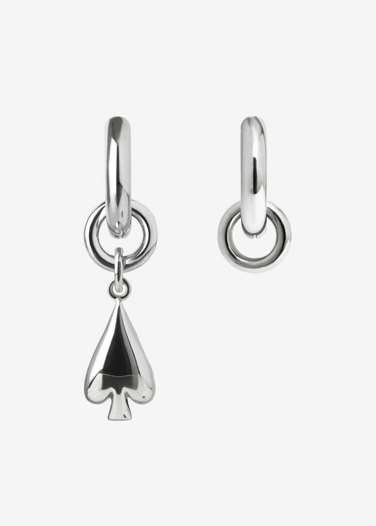 Asymmetric WINKING SPADE transformer earrings made of steel and bronze with rhodium coating