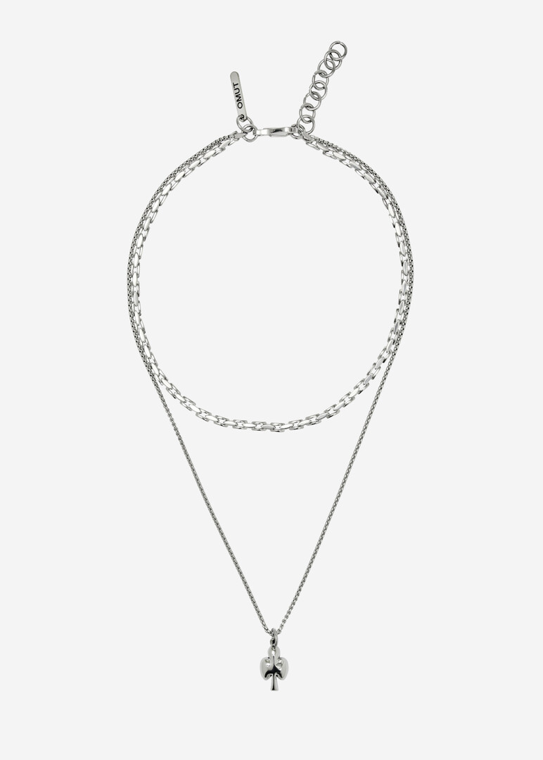 A necklace of two types of chains with a pendant in the form of a card suit CLUB clubs made of steel and bronze with rhodium coating