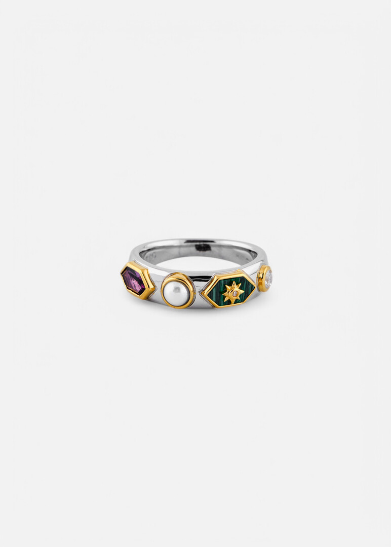 bicolor silver ring with bead and crystals