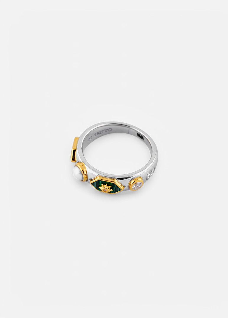 bicolor silver ring with bead and crystals