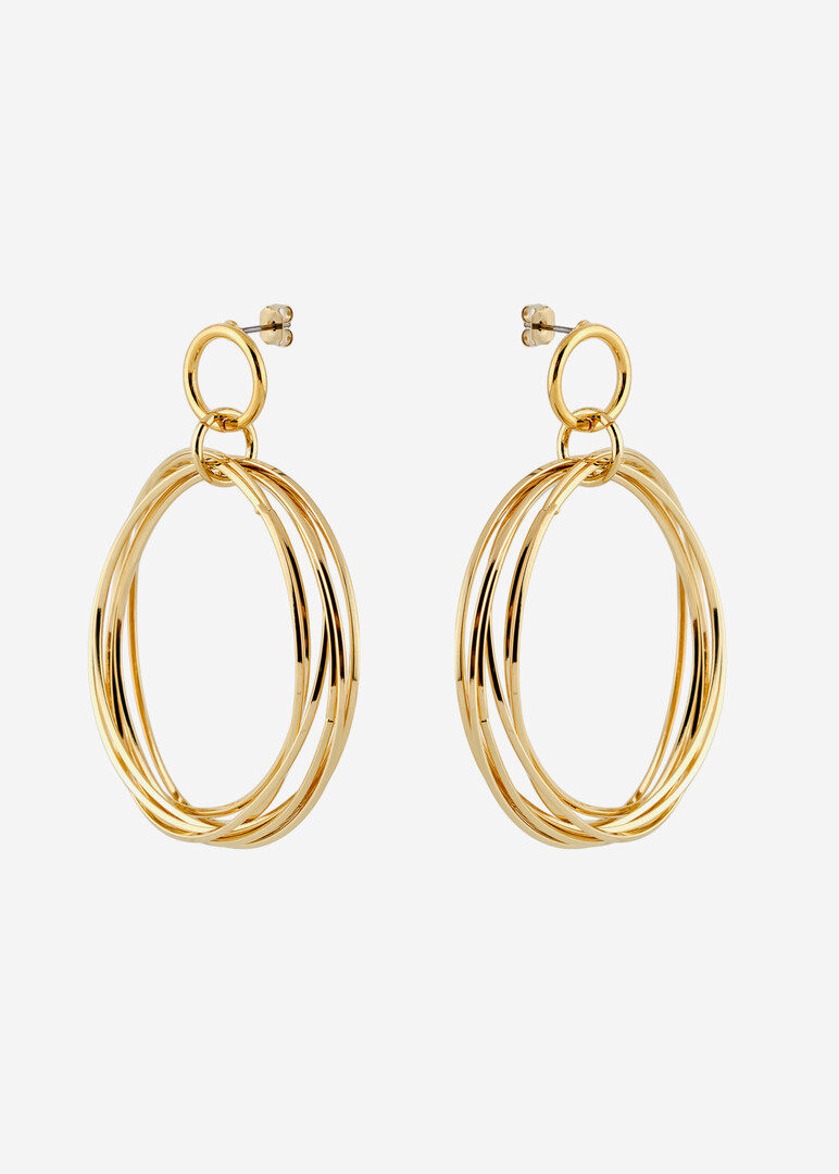 Large gold-tone hoop earrings made of twisted wire.