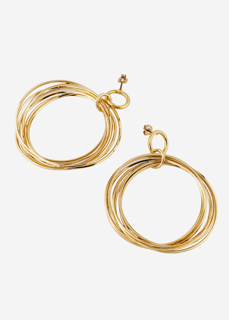 Large gold-tone hoop earrings made of twisted wire.