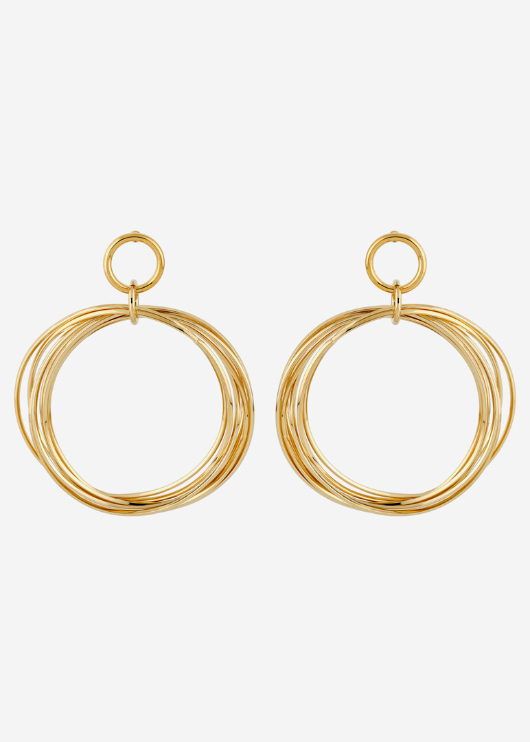 Large gold-tone hoop earrings made of twisted wire.