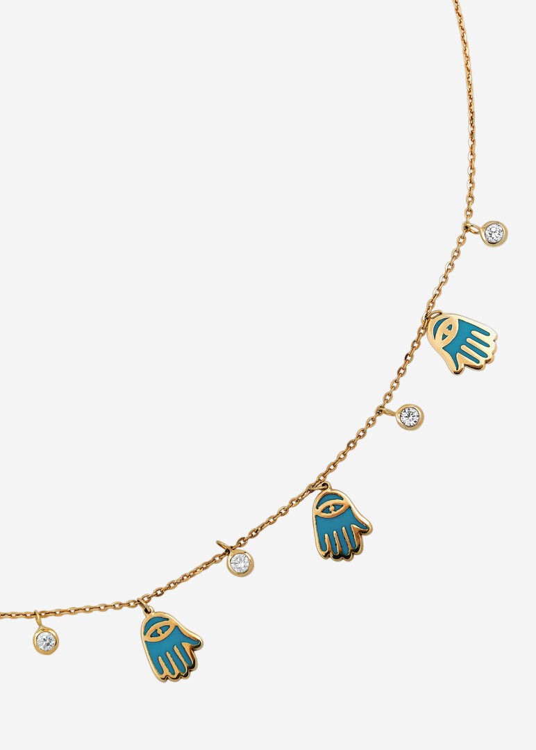 gold choker with hand-shaped enamel and diamond pendants
