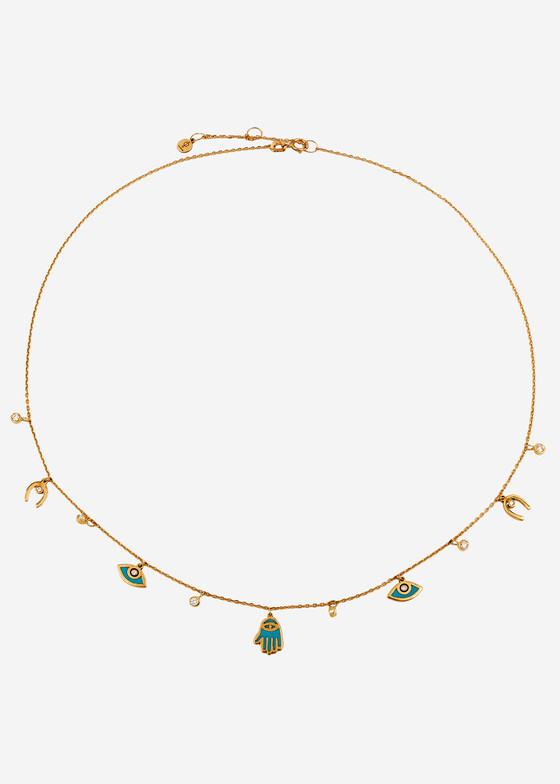 gold chain necklace with diamond, tourmaline, and white enamel pendants