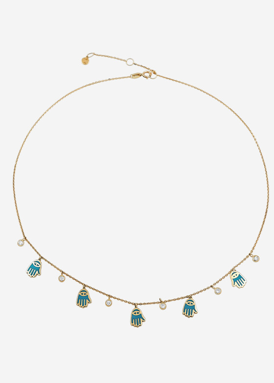 gold choker with hand-shaped enamel and diamond pendants