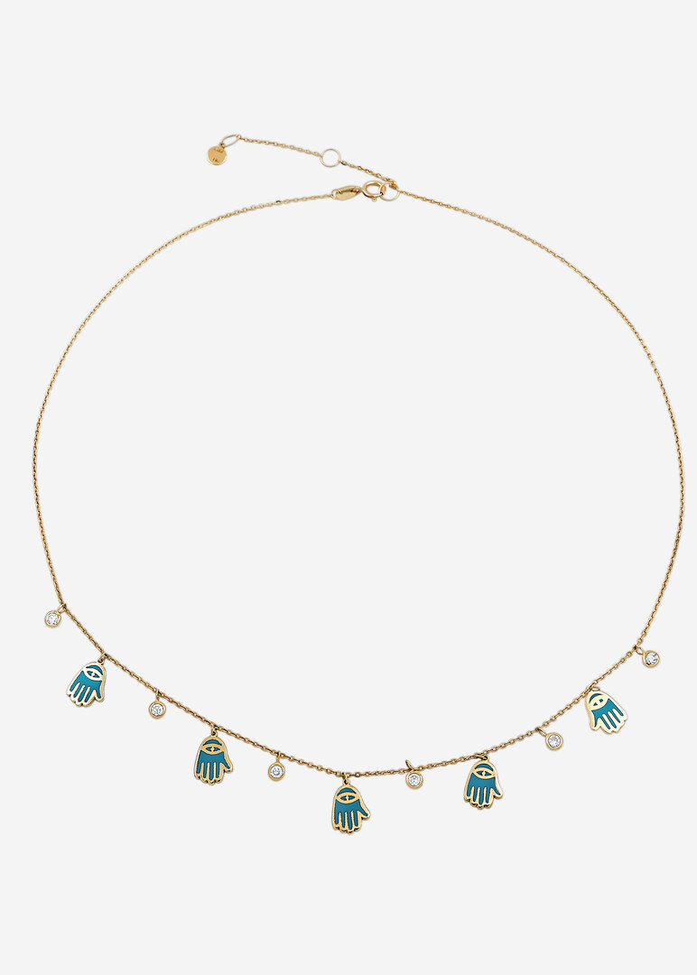 gold choker with hand-shaped enamel and diamond pendants