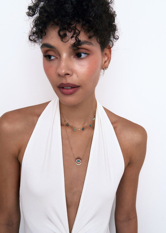 gold choker with hand-shaped enamel and diamond pendants