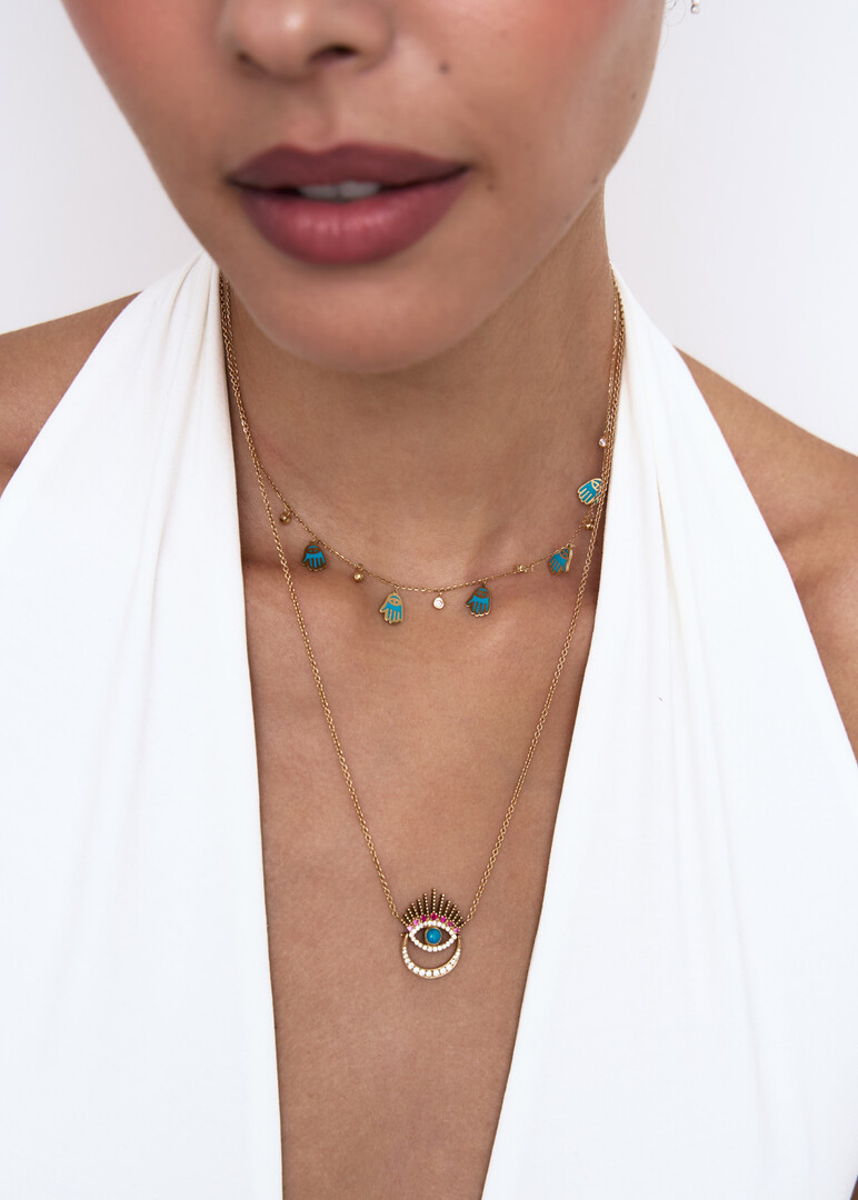 gold choker with hand-shaped enamel and diamond pendants