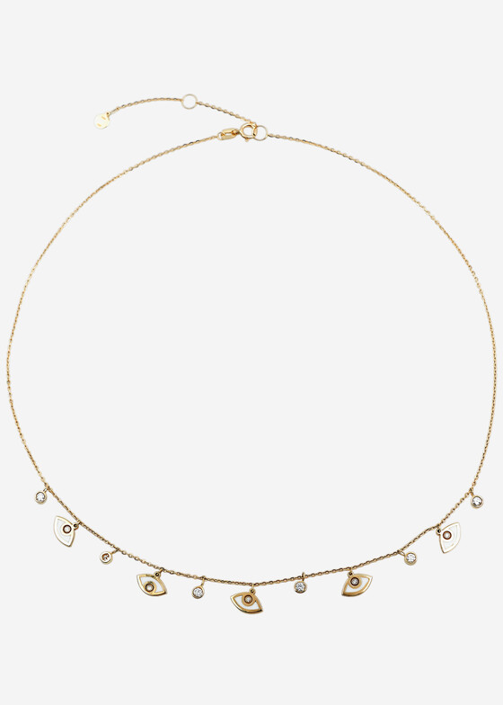thin gold chain necklace with diamond pendants and white enamel