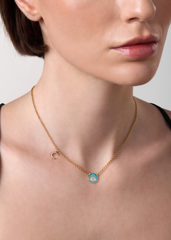 gold necklace with turquoise and diamond pendant