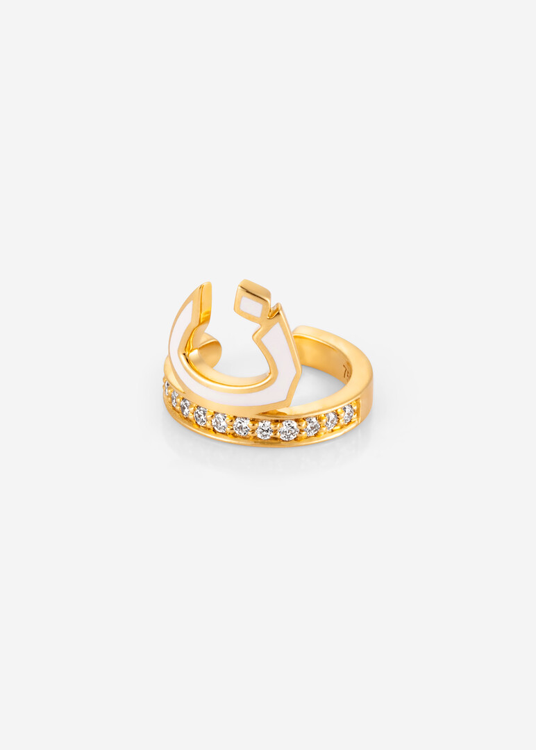 Pendant "Hobbi", 18K Yellow Gold & Enamel Letter Noon White
