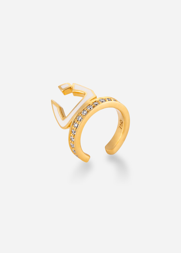 Pendant "Hobbi", 18K Yellow Gold & Enamel Letter Noon White