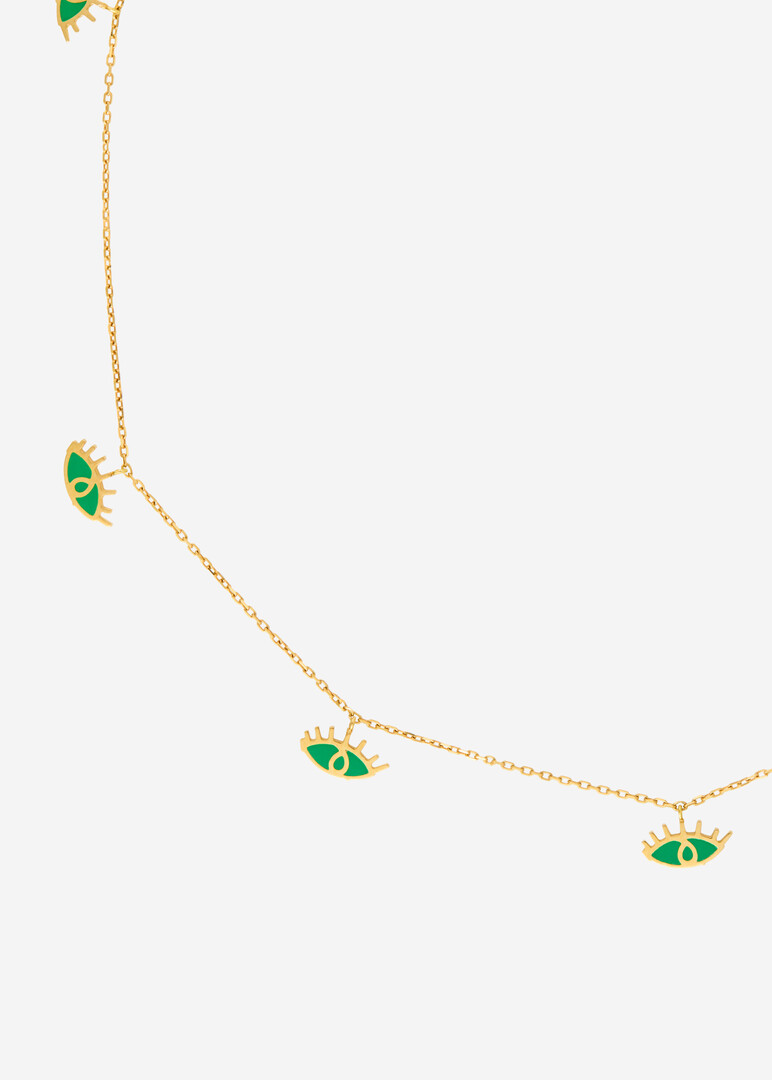 Pendant "Ya Ein", 18K Yellow Gold Enamel Five Eyes Green
