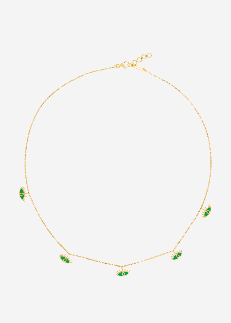 Pendant "Ya Ein", 18K Yellow Gold Enamel Five Eyes Green