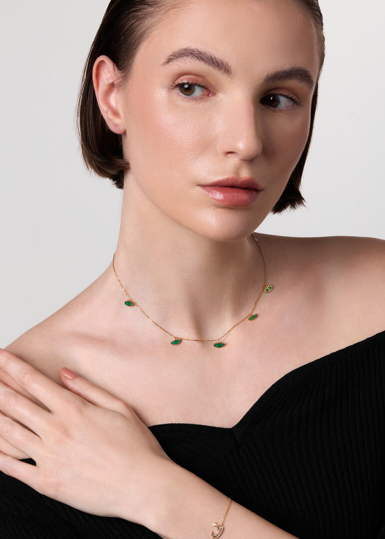 Pendant "Ya Ein", 18K Yellow Gold Enamel Five Eyes Green