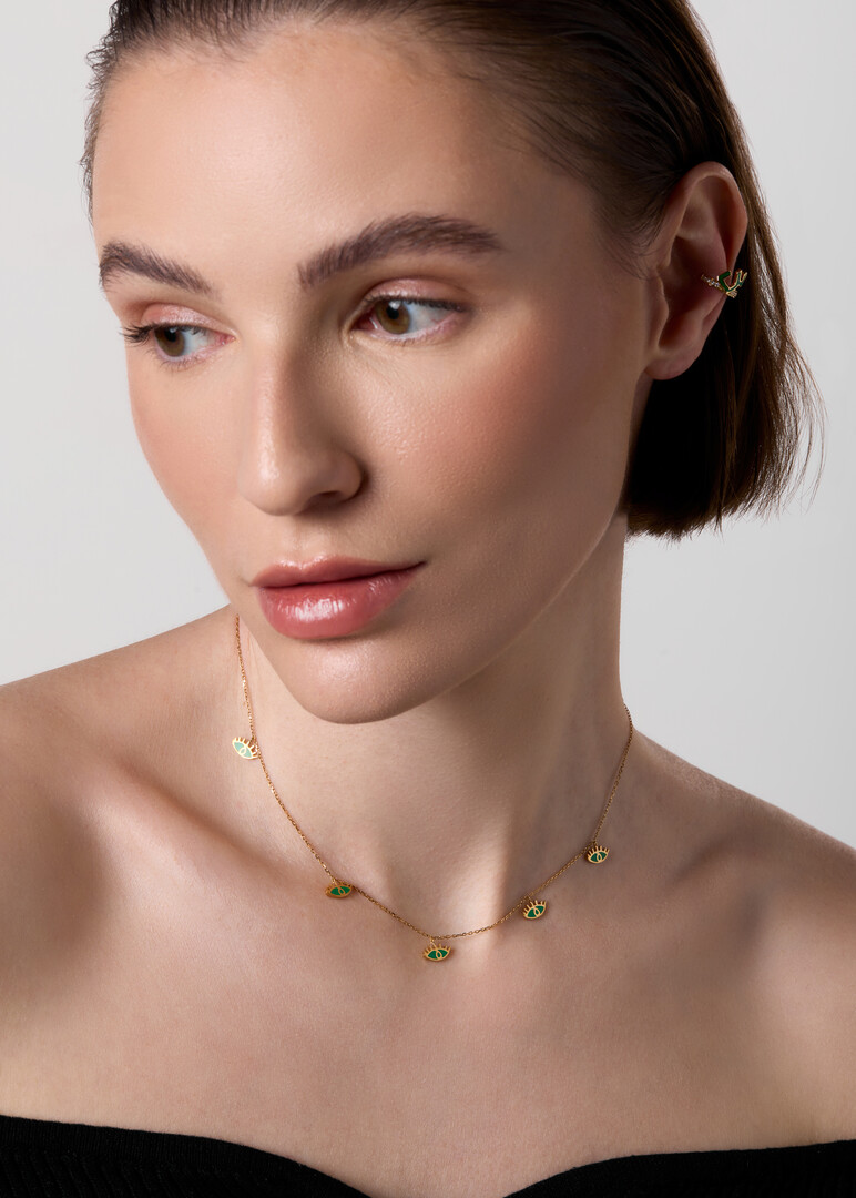 Pendant "Ya Ein", 18K Yellow Gold Enamel Five Eyes Green