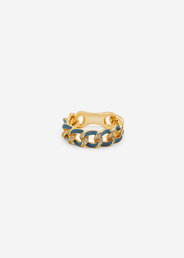 gold-plated aquamarine chain ring with crystals