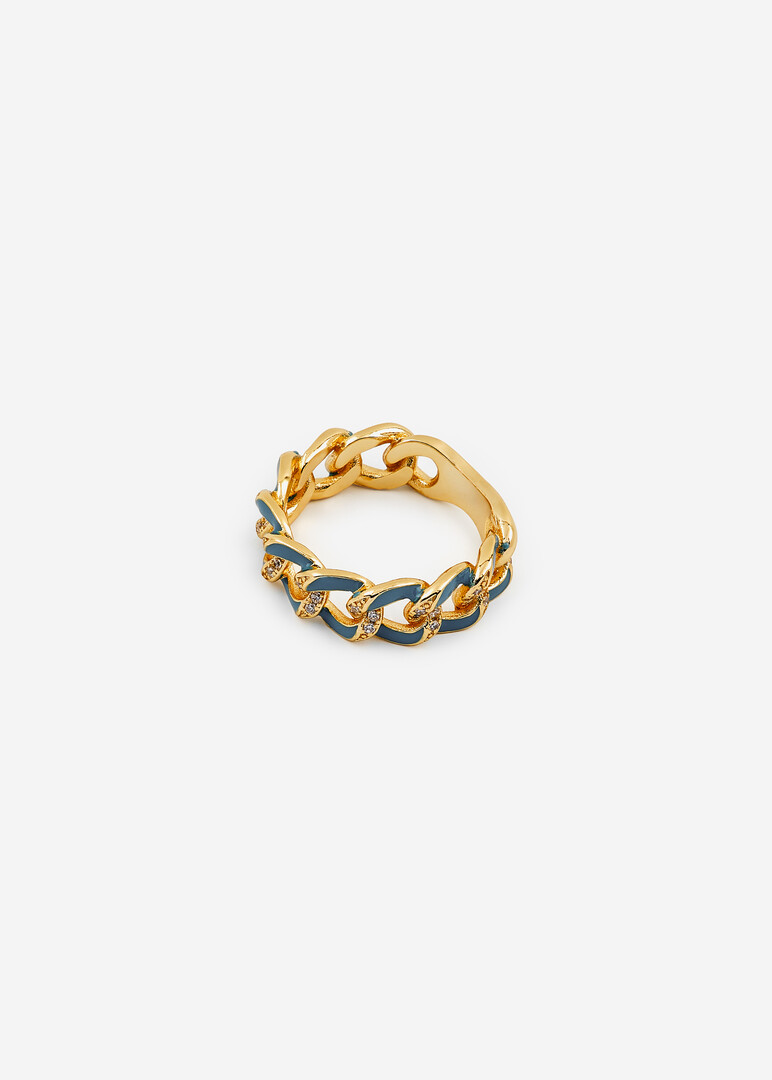 gold-plated aquamarine chain ring with crystals