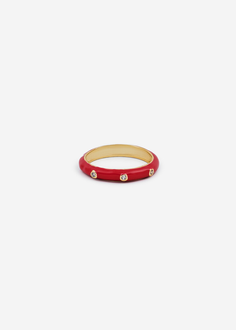 gold-plated red enamel ring with crystals