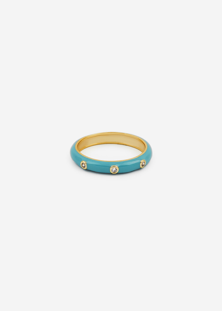gold-plated aquamarine enamel ring with crystals