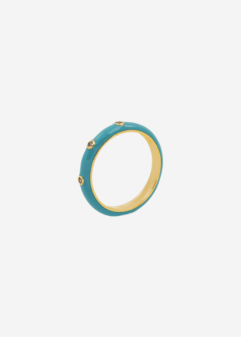 gold-plated aquamarine enamel ring with crystals