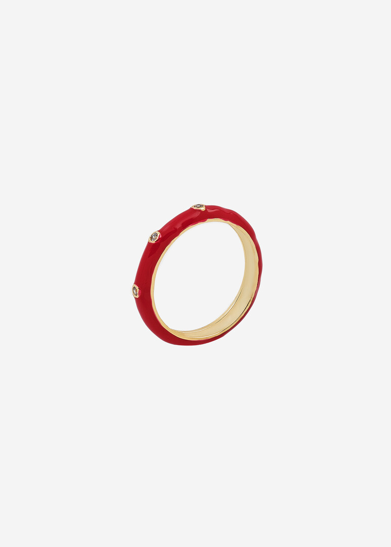 gold-plated red enamel ring with crystals