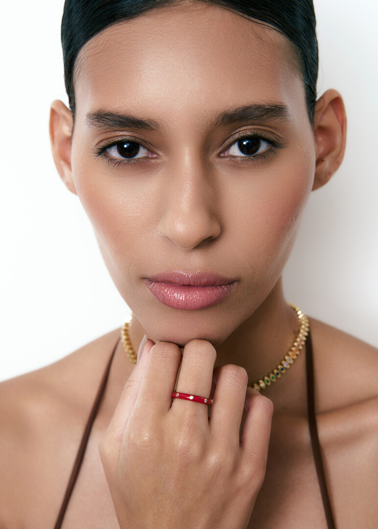 gold-plated red enamel ring with crystals