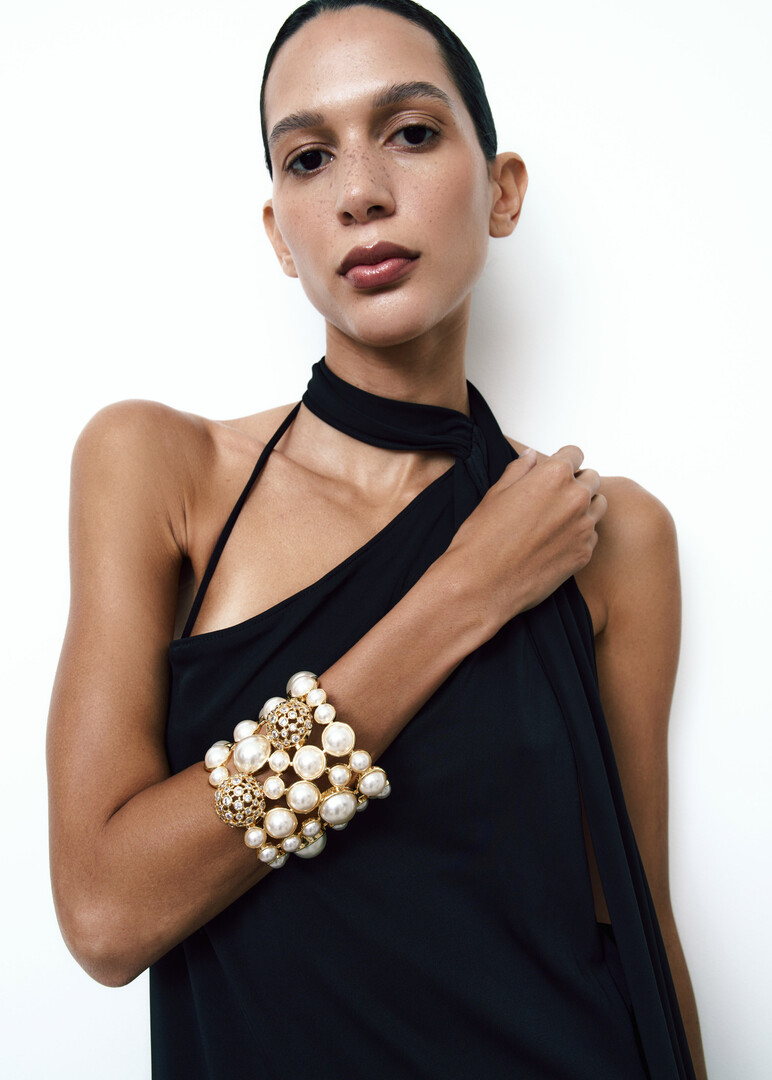 White Crystal Ball Pearl Statement Cuff