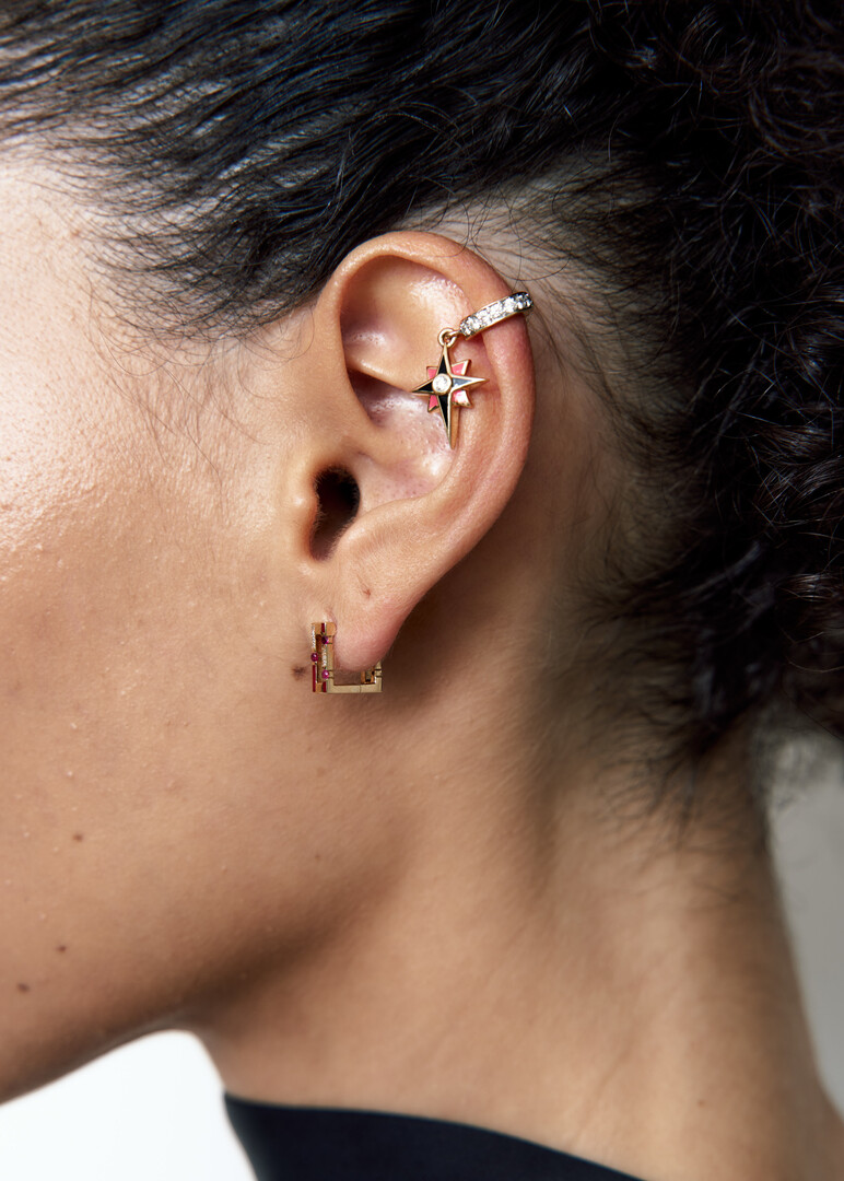 Gold Versa hoop earrings with diamonds and rubies