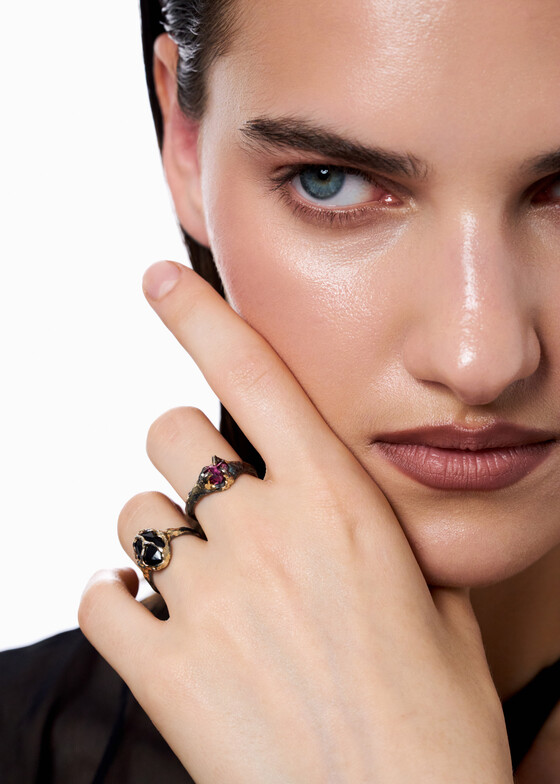 Тонкие кольца Kintsugi Jewelry Кольцо из серебра Kintsugi Lines с обсидианом
