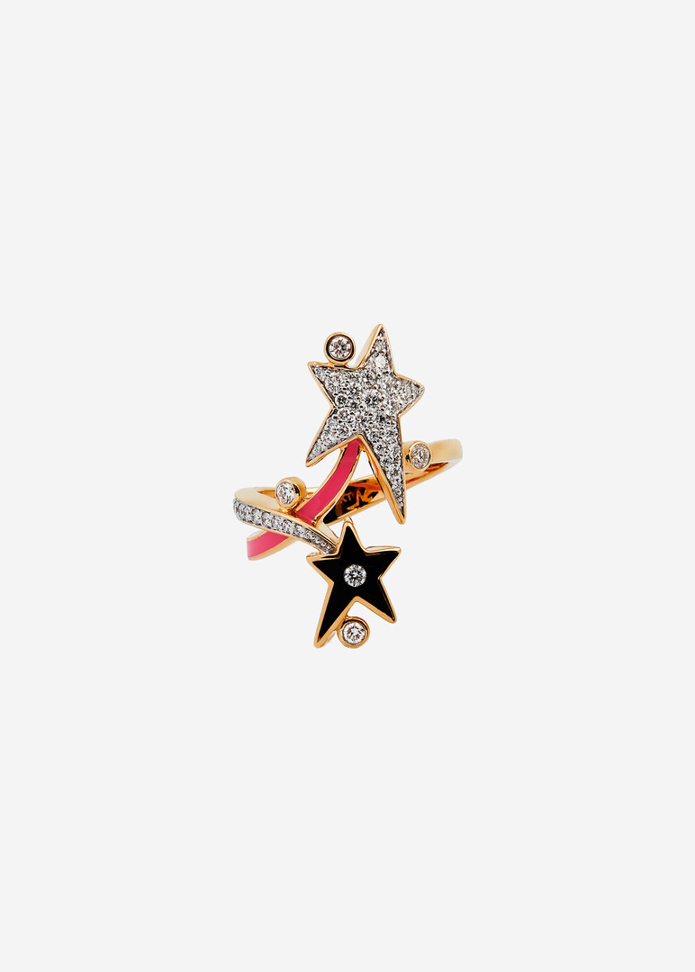 Gold ring with black and pink ceramic and diamond