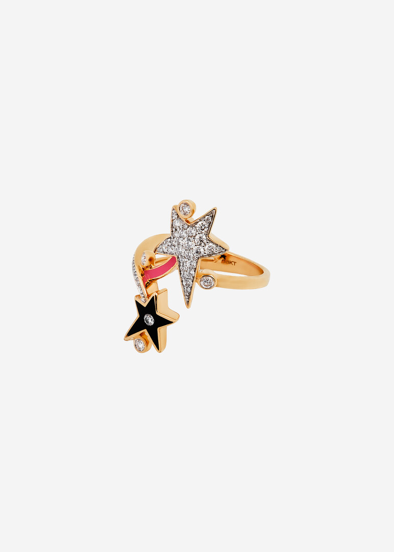 Gold ring with black and pink ceramic and diamond