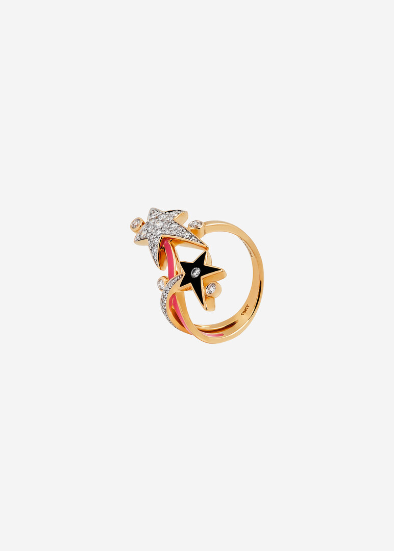 Gold ring with black and pink ceramic and diamond