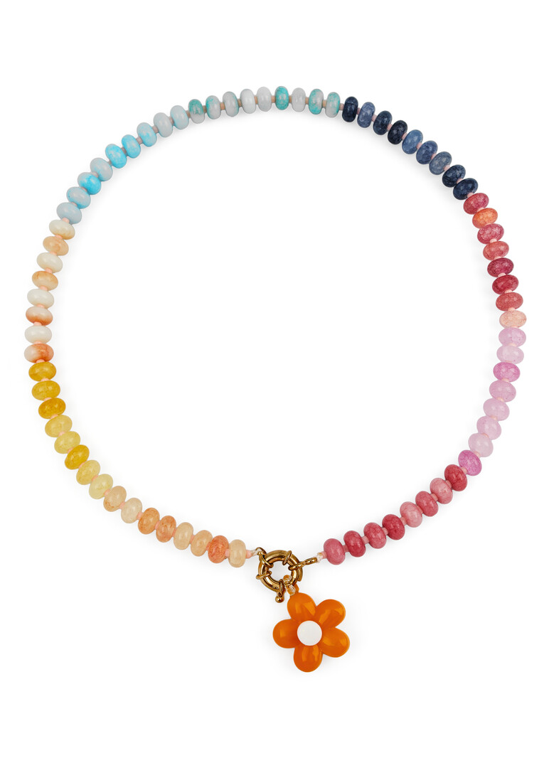 SunJoy Beaded Necklace with Dark Blue Flower