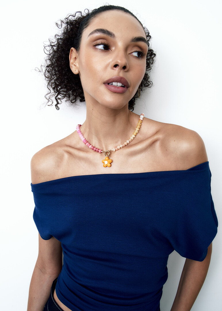 SunJoy Beaded Necklace with Dark Blue Flower