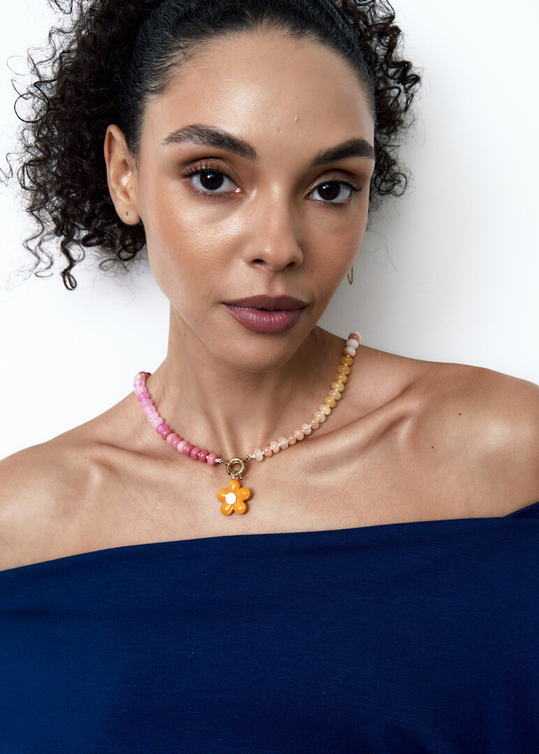 SunJoy Beaded Necklace with Dark Blue Flower