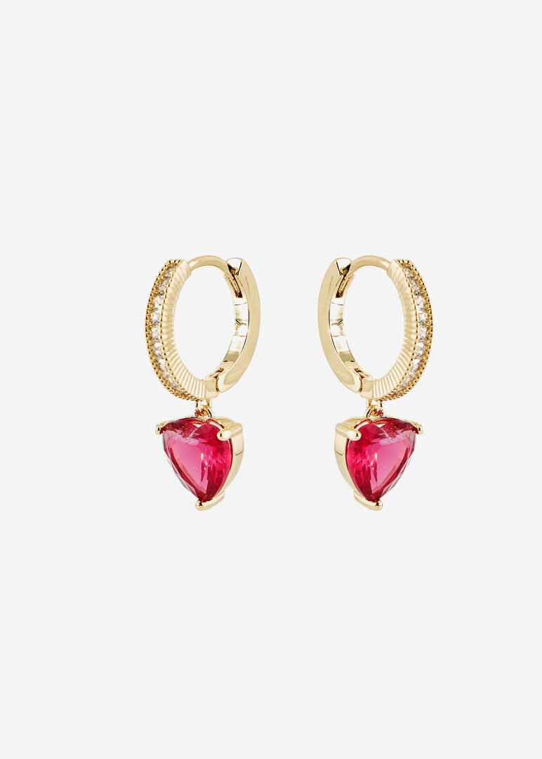 Small gold hoop earrings with red hearts