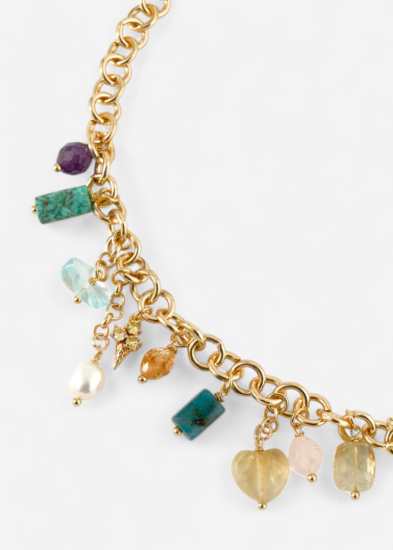Necklace made of brass with pendants made of natural stones