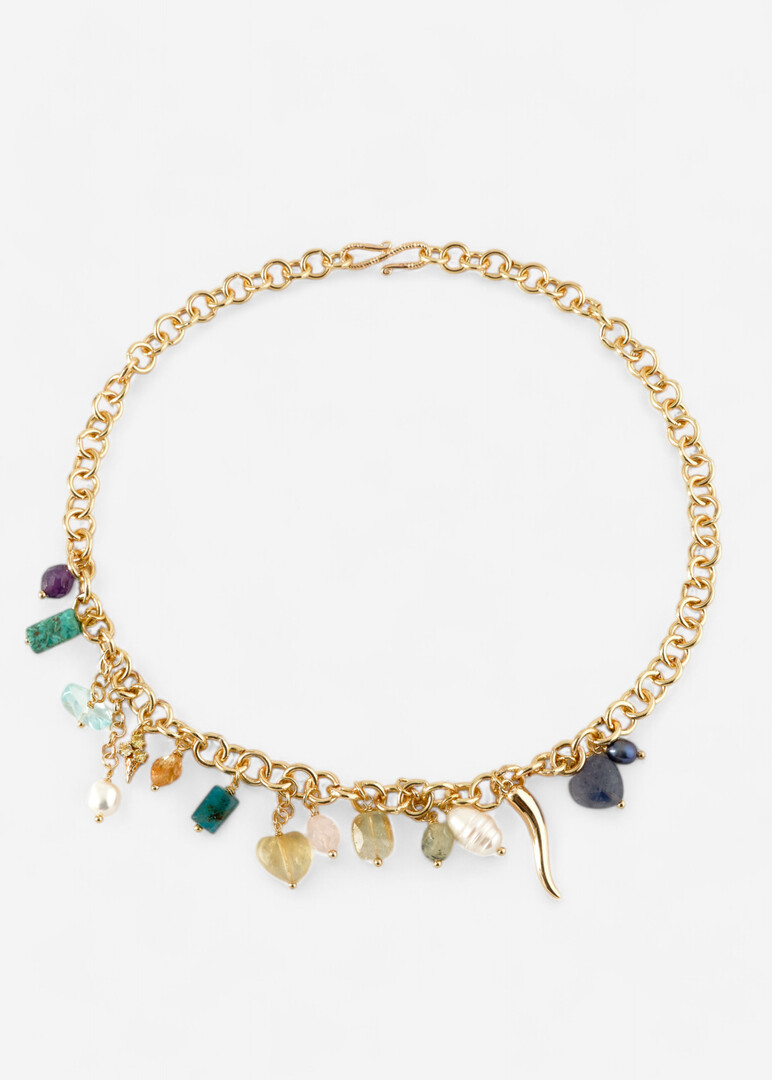 Necklace made of brass with pendants made of natural stones