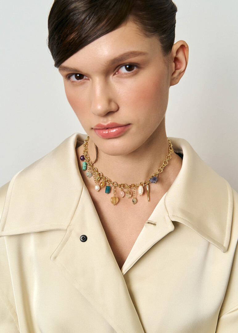 Necklace made of brass with pendants made of natural stones