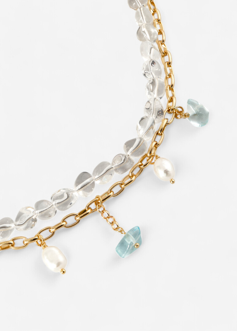 Rhinestone necklace with aquamarine and pearl pendants