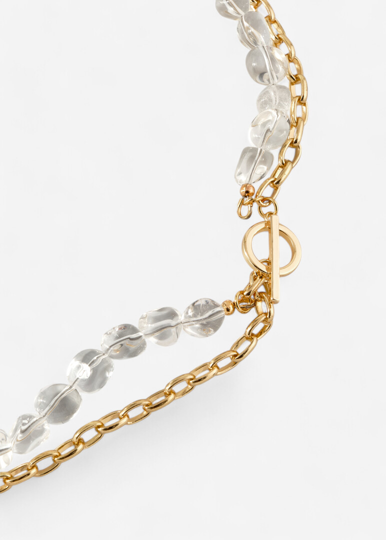 Rhinestone necklace with aquamarine and pearl pendants