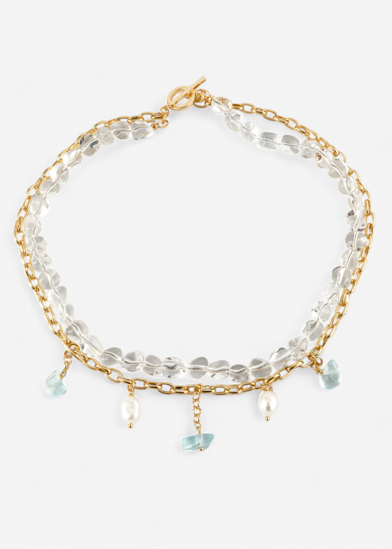 Rhinestone necklace with aquamarine and pearl pendants