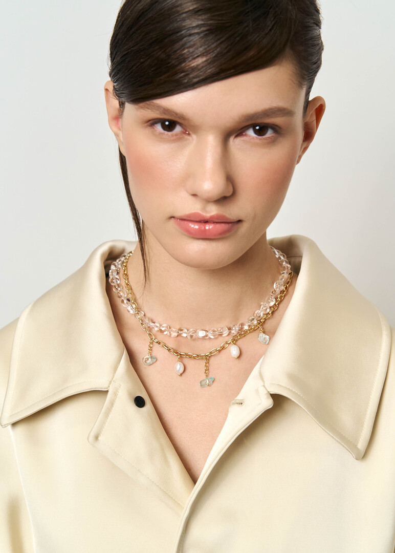 Rhinestone necklace with aquamarine and pearl pendants