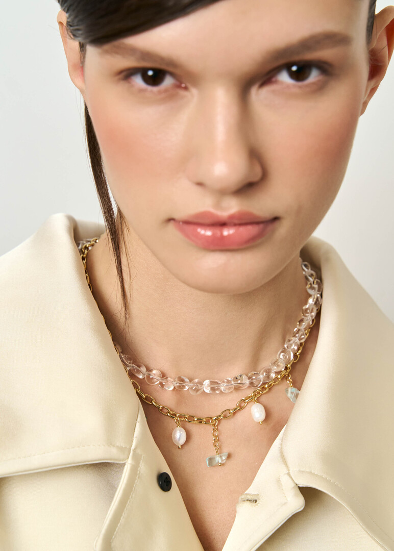 Rhinestone necklace with aquamarine and pearl pendants