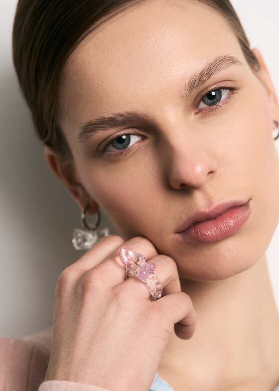 Акцентные кольца 78glass Розовое кольцо из боросиликатного стекла Floral Ring #5